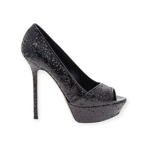 Sergio Rossi 𒀭Boston Glitter Peep Toe Platform Sky High Stiletto Pumps 𒀭Black 38